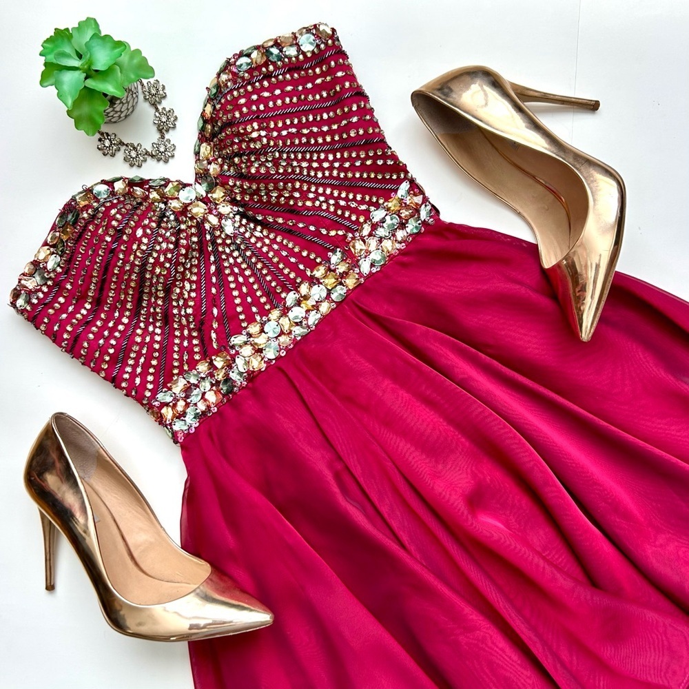 Gorgeous Sherri Hill Dress 1930 Strapless Rhinestone Crystal Mini Ruby Red 2